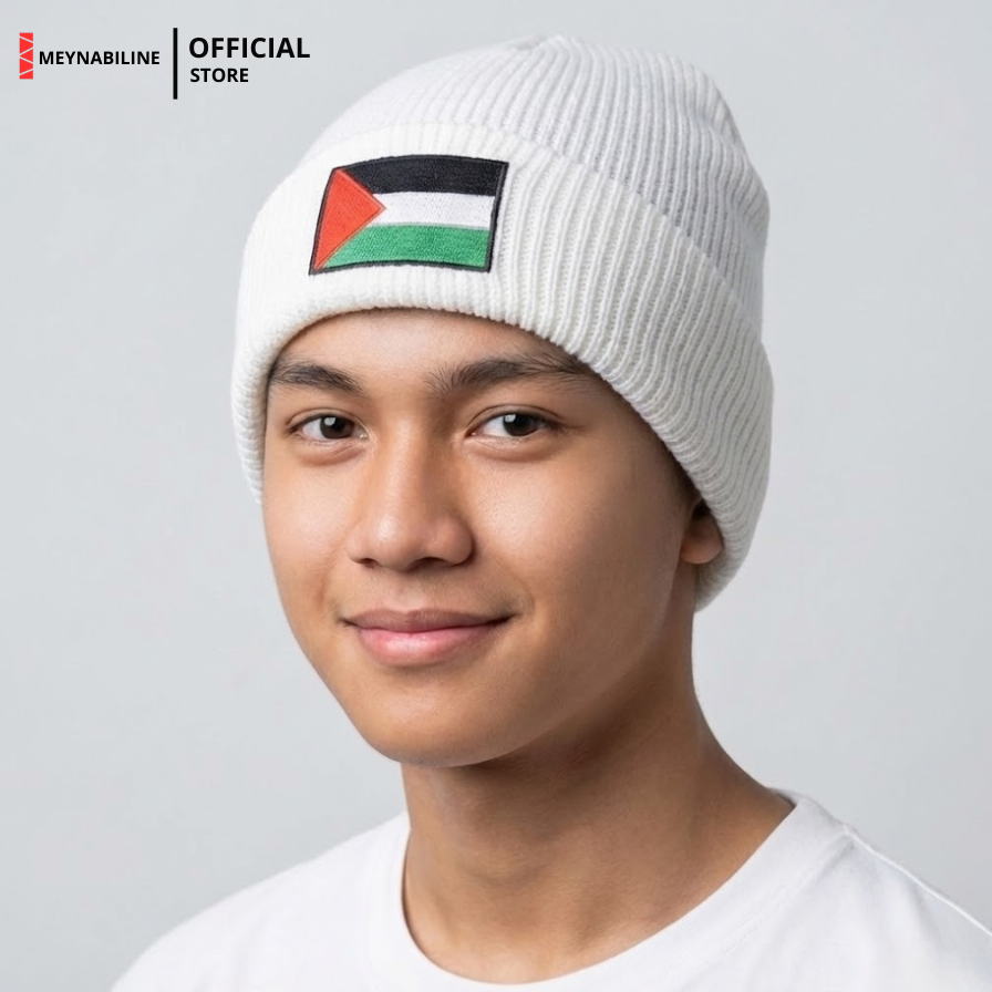 Palestine Flag Beanie Hat Knit Premium - White - Gambar 2