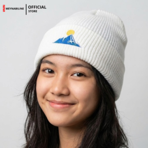 Adventure Mountain Blue Beanie Hat Knit Premium - White