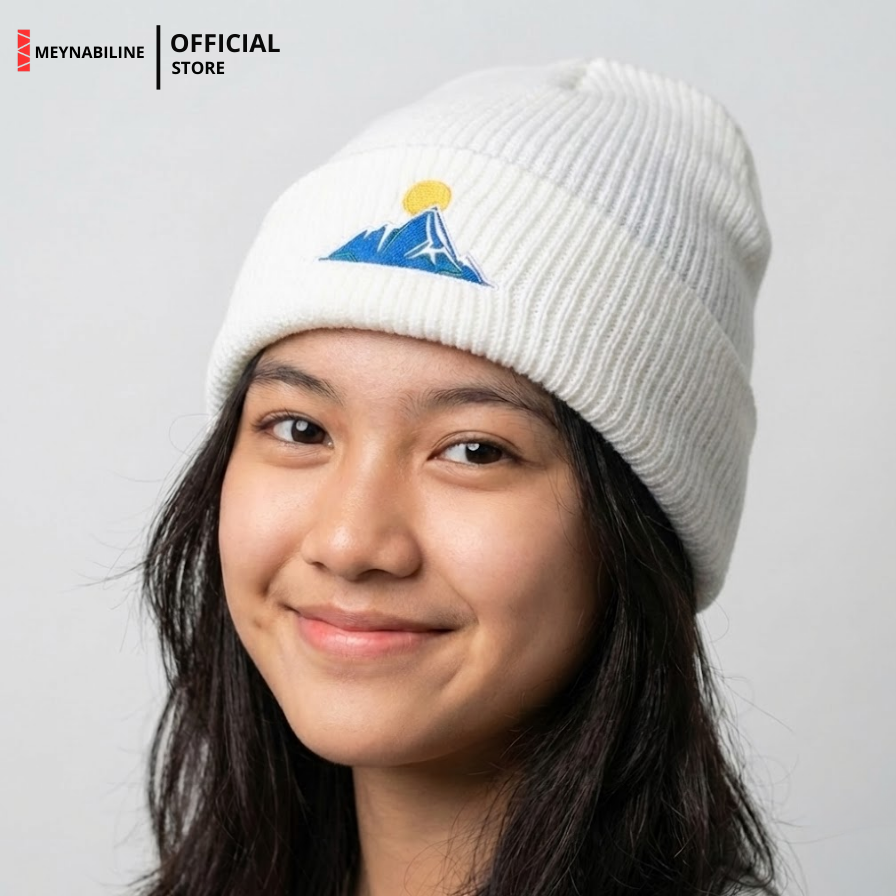 Adventure Mountain Blue Beanie Hat Knit Premium - White