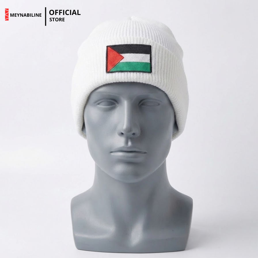 Palestine Flag Beanie Hat Knit Premium - White - Gambar 4